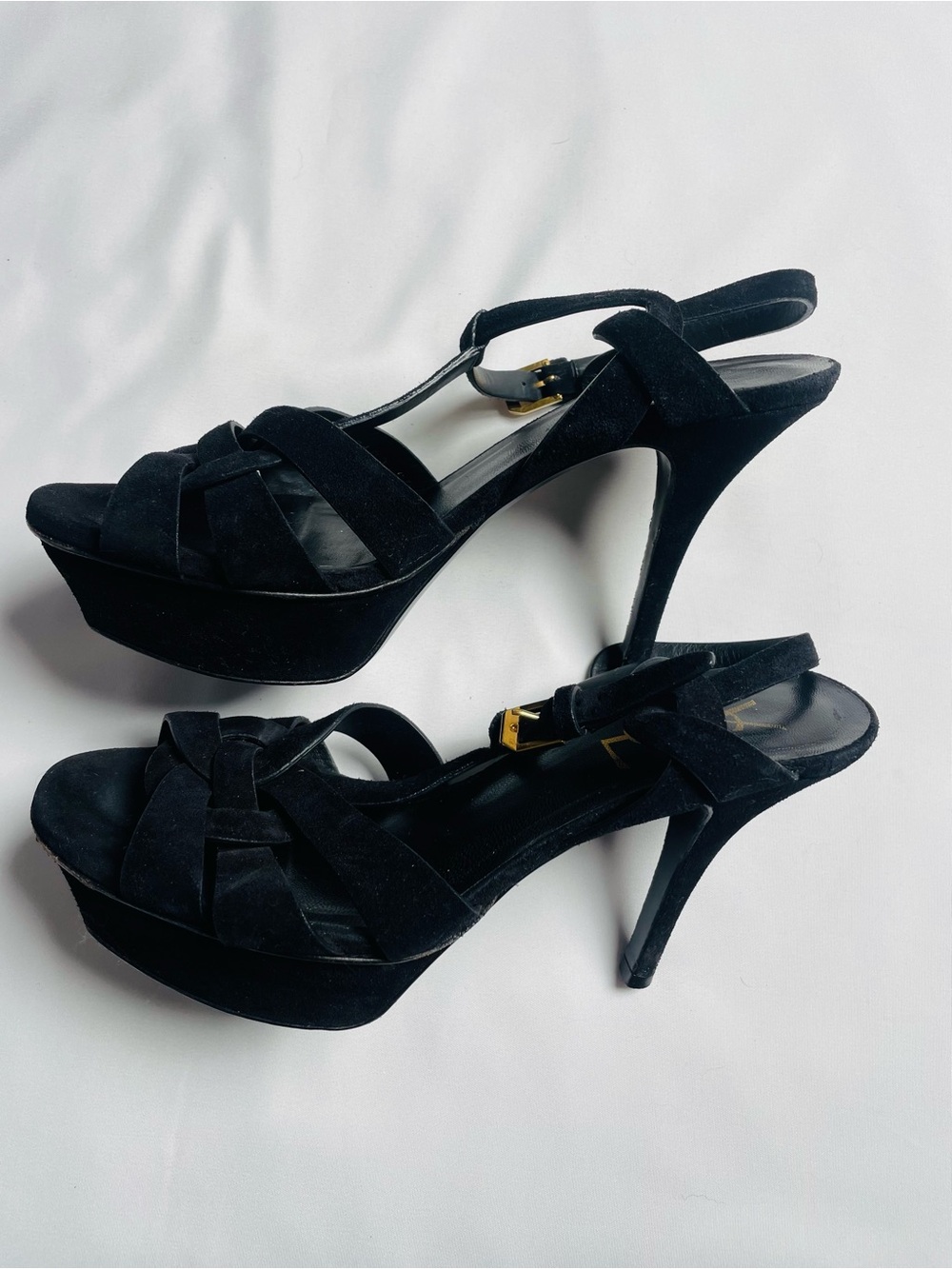 Saint Laurent Black Suede Knotted Platform Slingback Heels